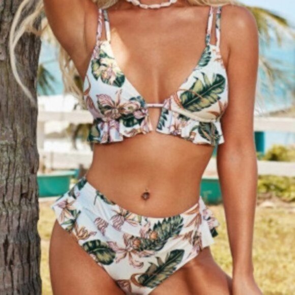 High Waisted White, Brown & Green Leaf Print Bikini Swim Suit - Picture 1 of 3